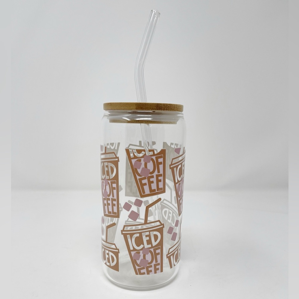 NEW! Iced coffee themed glass jar with bamboo lid and straw 16 oz.